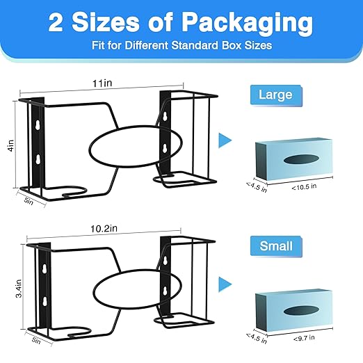 Glove Box Holder for Wall Mount, 2 Pack Disposable Glove Dispenser, Metal Box Organizer for Rubber Latex Gloves Organizer Facial Tissue - Two Size (Large+Small)