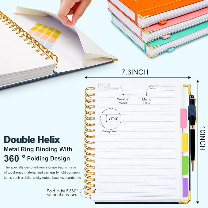 Hardcover Spiral Notebook 8"x10" Journal Notebook with Tabs and Removable Dividers 300 Pages 5 Subject Notebook College Ruled, Faux Leather Spiral Bound Notebook for Women, Students, School Work (Dark Blue)