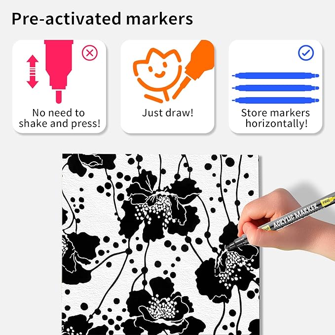 NAWOD 6 Black Acrylic Paint Pens, Acrylic Paint Markers Dual Tip (Fine 1mm + Dot 5mm), Acrylic Permanent Markers for Rock, Fabric, Canvas, Ceramic, Glass, Wood, Paper, Labeling, Drawing, DIY Crafts
