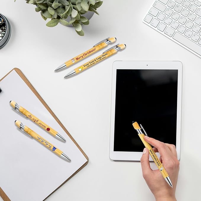 Personalized Pen Customizable Bamboo Pen with Stylus -Customizable Text Logo Name Ballpoint Pens with Black Ink-Personalized Gift Ideas for School Back Day Office Business Home(20 Count/Pack)