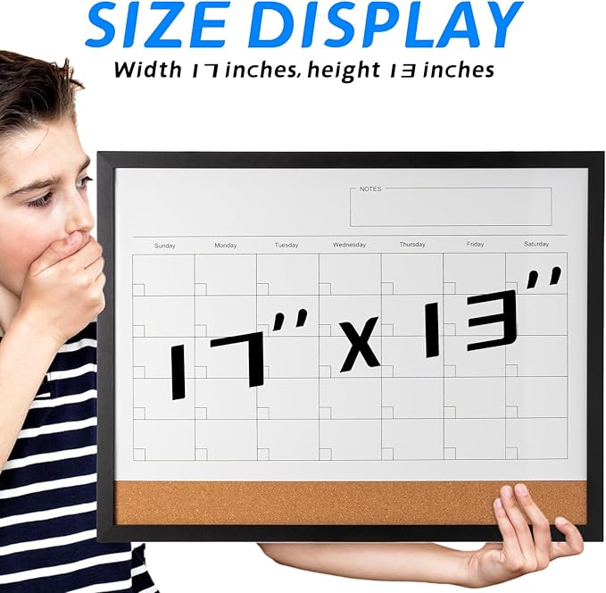 Dry Erase Calendar Whiteboard, 17" x 13" Magnetic Whiteboard Cork Board Combo, Reusable Monthly Planner with 8 Markers, Eraser, Magnets and Pushpins, Hanging Dry Erase Board for Home, School - Black