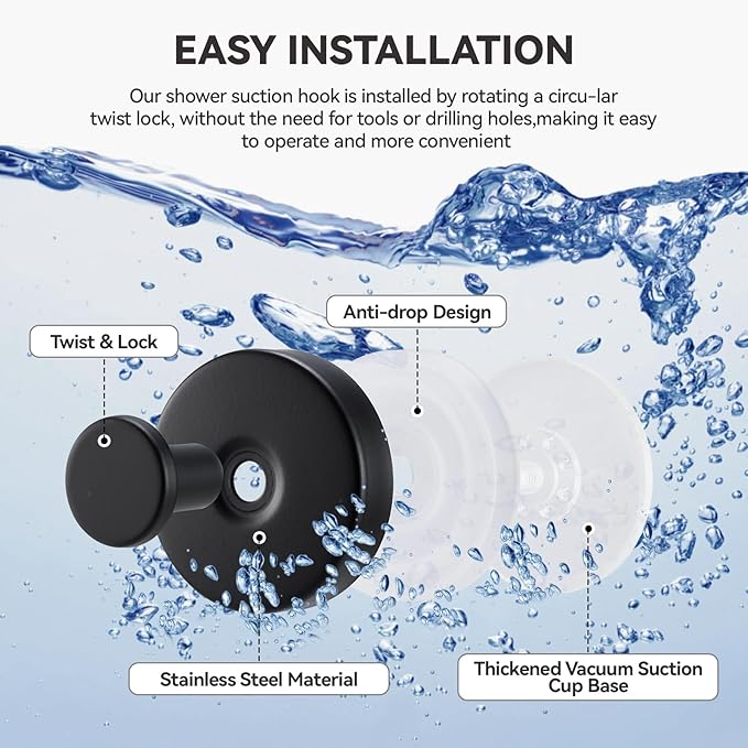 4 PCS Suction Cup Hooks for Shower, Stainless Steel No Drill Towel Hooks, Reusable Sticky Silicone Base for Bathroom Wall, Glass, Mirror, Tile to Hang Loofahs, Robes (Matt Black)