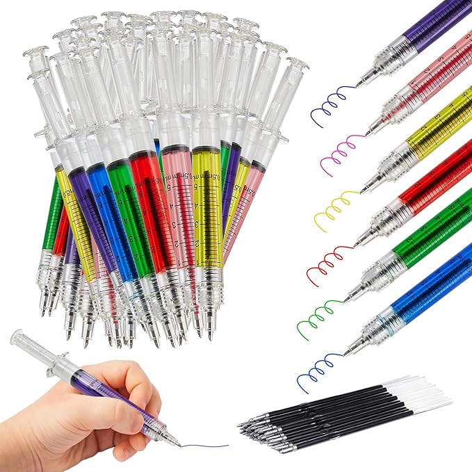 Syringe Pens Multi-Color Matched Colored Inks Retractable Fun Nursing Student School Supplies Novelty Pen for Nurses - Goody Fillers and Prizes, Party Favors (12 Pack)