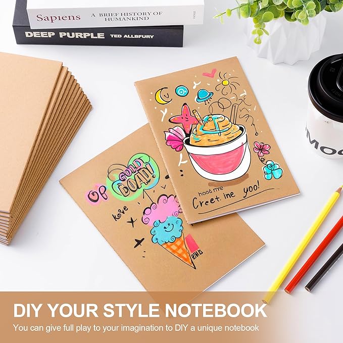 30 Pack A5 Unline Kraft Notebooks, 8.3x5.5inch Blank Journal Notebook Bulk for Drawing & Writing, Small Blank Paper Sketchbook Travel Journal Set for Adult, Paint Beginner and Student, 60 Pages