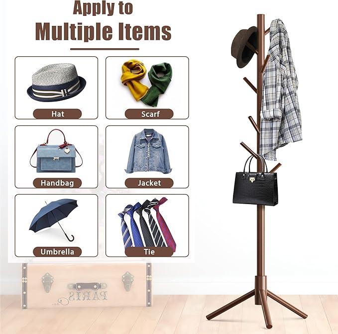 Haddockway Wooden Coat Rack Stand with 8 Hooks New Zealand Pine 3 Adjustable Coat Standing Tree Easy Assembly for Coats, Hats, Scarves and Handbags for Entryway, Hallway, Bedroom, Office,2 PCS