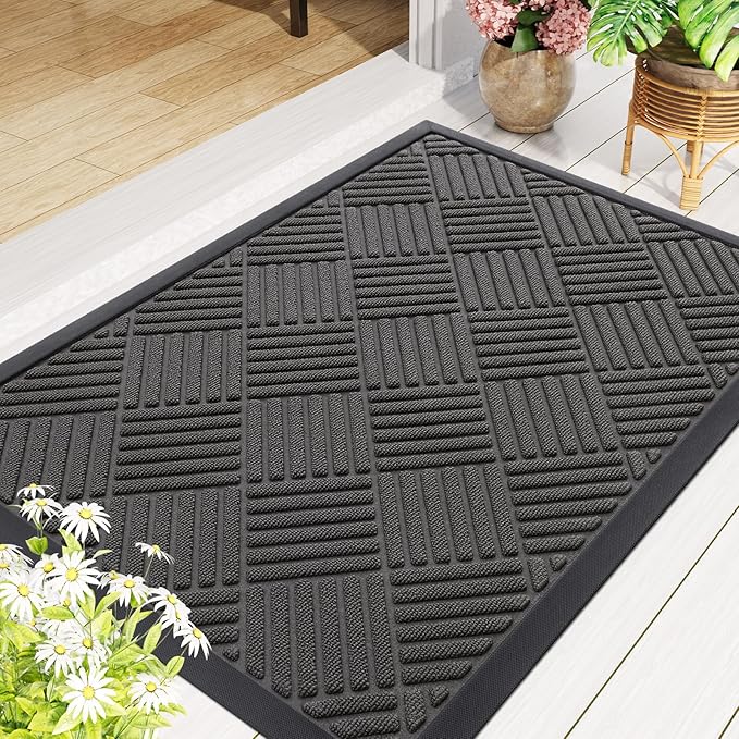Smiry Front Door Mat Outside Entrance, Heavy Duty Outdoor Indoor Natural Rubber Doormat, Non Slip, Trap Dirt and Moisture, Easy Clean, Low Profile Patio Porch Entryway Mat, 35x23, Grey