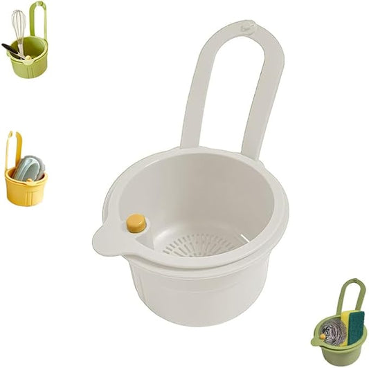 Sink Strainer Basket, Hanging Kitchen Sink Strainer Basket, Press to Dump, Easy Installation, Food Fruit & Vegetable Drainer Rack, Corner Waste Collector (White)
