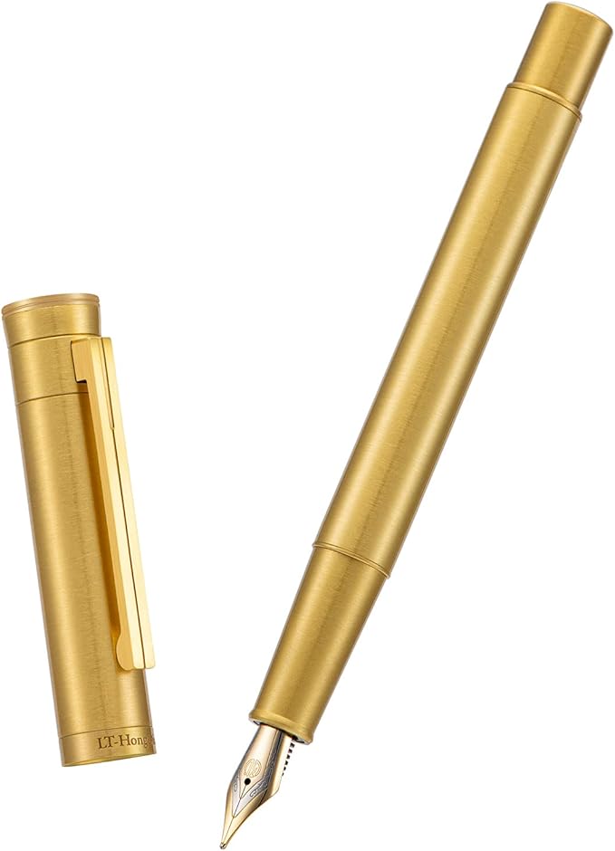 Hongdian Raw Brass Fountain Pen Extra Fine Nib Classic Design Smooth Writing Copper Pen with Converter and Pen Case Set
