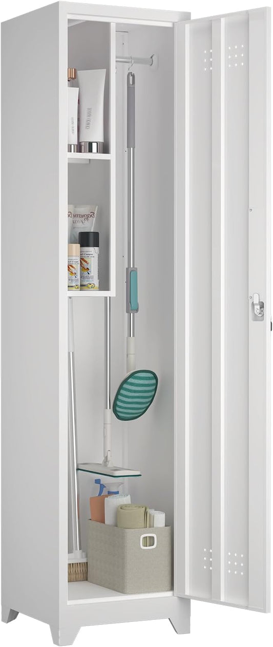 Slim Broom Storage Cabinets, Metal Cabinet with Shelves and Hanging Rod, 65" Utility Storage Cabinet with Locking Door, Tall Cleaning Cabinets for Kitchen, Pantry, Office, Shop, Garage