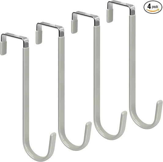 FYY Over The Door Hooks, 4 Pack Upgraded Long Door Hangers Hooks with Rubber Prevent Scratches Heavy Duty Organizer Hooks for Hanging Clothes, Towels, Hats, Coats, Bags Grey