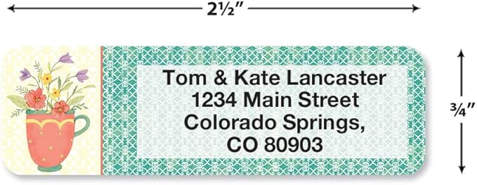 Teacups Rolled Personalized Return Address Mailing Labels with Dispenser, Set of 500, 5 Designs, Small ¾ x 2½ Inch Size, Custom Self-Adhesive Sticker Roll, by Colorful Images