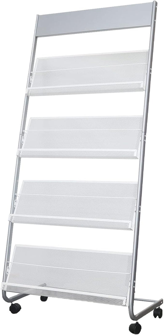 4-Layer Iron Magazine Rack with Wheels, Newspaper Rack, Display Rack, Silver (63)