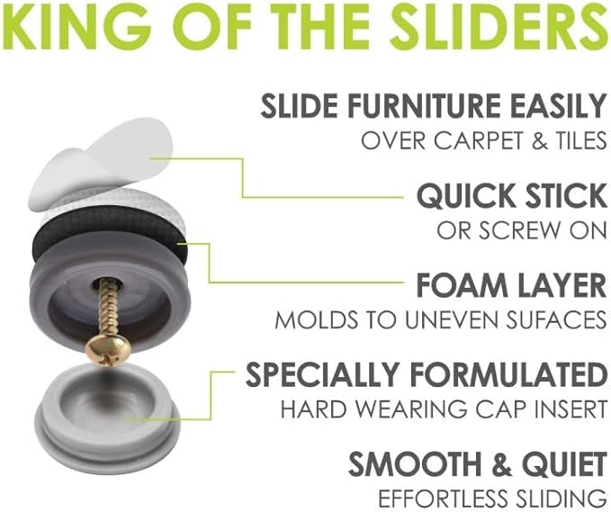 GorillaGlides CB193 3/4 Inch Chair Glides/Furniture Feet Floor Protectors (Set of 16 Sliders) Self-Adhesive Screw-On Glides for Sliding on Hard Surface Flooring and Low-Pile Carpet, Round