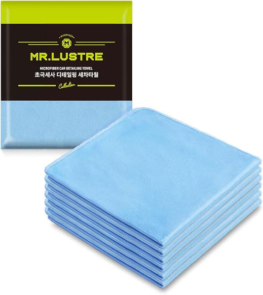 Mr. Lustre Microfiber Glass Cleaning Towels for Cars – 16 x 16 in, Ultra-Fine, Streak-Free, Lint-Free, Scratch-Free Auto Detailing Cloths, Window & Car Towel, Removes Water Spots, Blue (6-Pack)