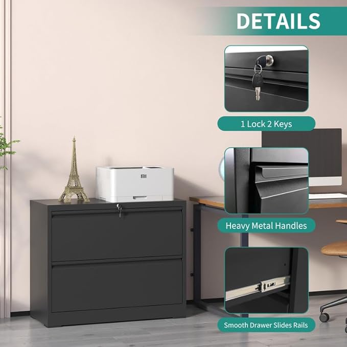 2 Drawer Lateral File Cabinet with Lock, Metal Filing Cabinets for Home Office, Steel Storage Wide File Cabinet for Letter/Legal/F4/A4 Size with Hanging Bars, Assembly Required (Black)