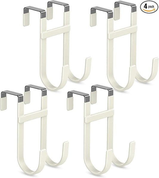 FYY Over The Door Hooks - 4 Pack Heavy Duty Dual-Hook Organizer Hanger with Non-Slip Rubber for Towels, Clothes, Hats & Bags Use in Bathroom, Bedroom, Kitchen - Fits Interior Doors Up to 1 3/8" Beige