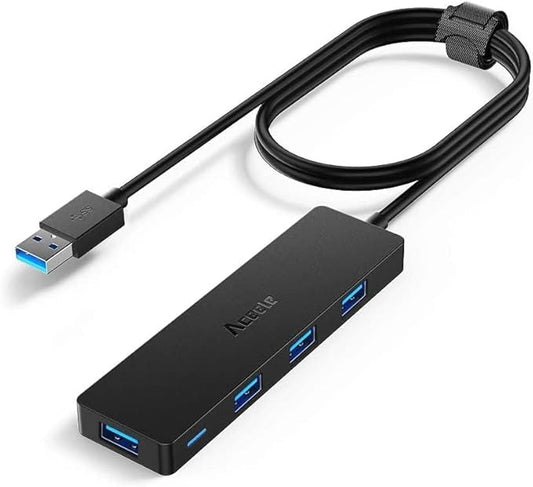 Aceele USB Hub 3.0 Splitter with 4ft Extension Long Cable Cord, 4-Port Ultra-Slim Multiport Expander for Desktop Computer PC, Laptop, Chromebook, Mac Mini, iMac, PS4, Flash Drive Data and More