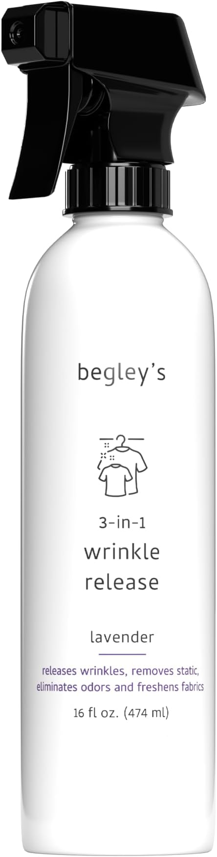 Begley's 3-in-1 Wrinkle Remover, Quick Fix Wrinkle Release, Static Cling Remover, Odor Eliminator and Fabric Refresher Spray - USDA Certified Biobased - Lavender, 16 oz