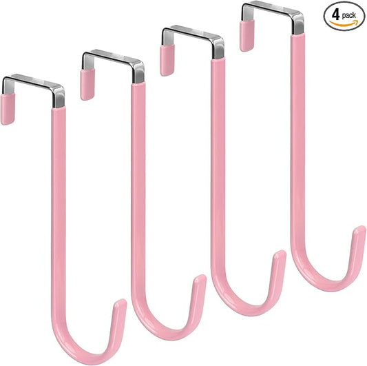 FYY Over The Door Hooks, 4 Pack Upgraded Long Door Hangers Hooks with Rubber Prevent Scratches Heavy Duty Organizer Hooks for Hanging Clothes, Towels, Hats, Coats, Bags Pink