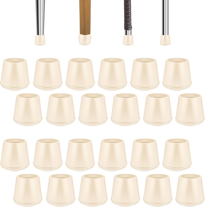 1" Round Rubber Chair Leg Tips Caps, Chair Leg Floor Protectors, Non-Slip Chairs Legs Caps, Stool Feet Protectors Cap, Folding Metal Chairs Legs Tip Replacement (White, 24 Pack)