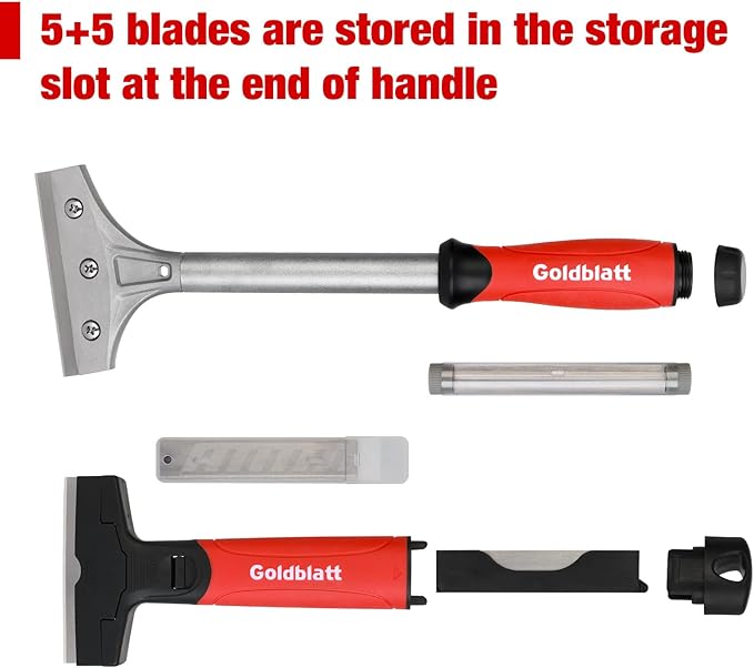 Goldblatt 2 Pieces Glass Scraper Set with 20-piece Blades - 4 Inch Industrial Floor Scraper Tool with Long-Handle, Heavy Duty Razor Holder for Cleaning Caulk, Paint, Glue on Glass, Tiles, Walls
