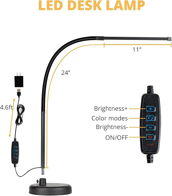 LED Desk Lamp, Swing Arm Architect Task Lamp with Long Flexible Gooseneck, 3 Color Modes, and USB Adapter, Dimmable Desk Light for Home/Office/Drafting/Reading/Piano