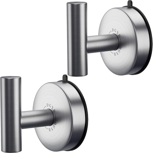 DGYB Large Suction Cup Hooks for Shower Set of 2 Brushed Nickel Towel Hooks for Bathrooms 11 Lbs Wall Hook for Hanging Coat, Robes, Loofah