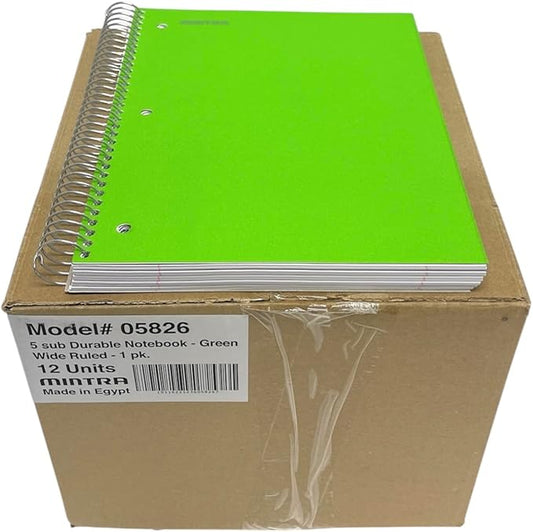 Mintra Office Durable Spiral Notebooks, 5 Subject (Green, Wide Ruled 12pk)