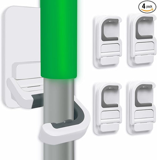 4pack Broom Holder Wall Mount Mop Holder Broom and Mop Gripper Self Adhesive No Drilling Anti-Slip Mop Handle Hanger Household Cleaning Organizer, Holds up to 6 lb