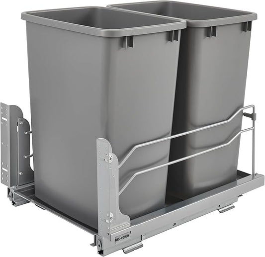 Rev-A-Shelf Double Pullout Trash Cans for Under Kitchen Cabinets 35 Quart 8.75 Gallon with Soft-Close Slides, Metallic Silver, 53WC-1835SCDM-217