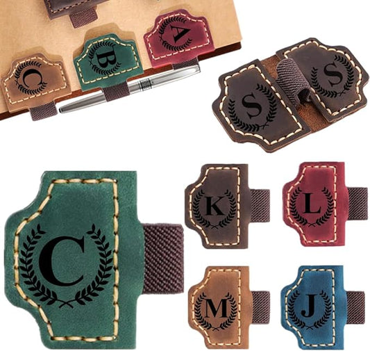 Custom Bookmark with Pen Holder with 26 Letters Personalized Magnetic Leather Book Mark, Customized Name Book Marker Clip with Initial for Men Women, Gifts for Book Lovers, Readers, (Green, C)