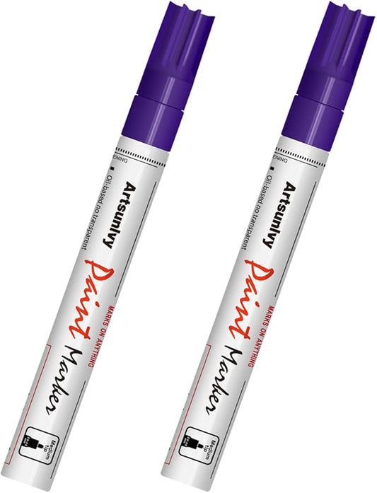 Purple Paint Pens Permanent Markers - 2 Pack Paint Markers for Metal, Rubber,Wood, Rocks, Canvas, Plastic, Dark Surface, Craft Art Supplies, Medium Tip, Quick Dry, Waterproof