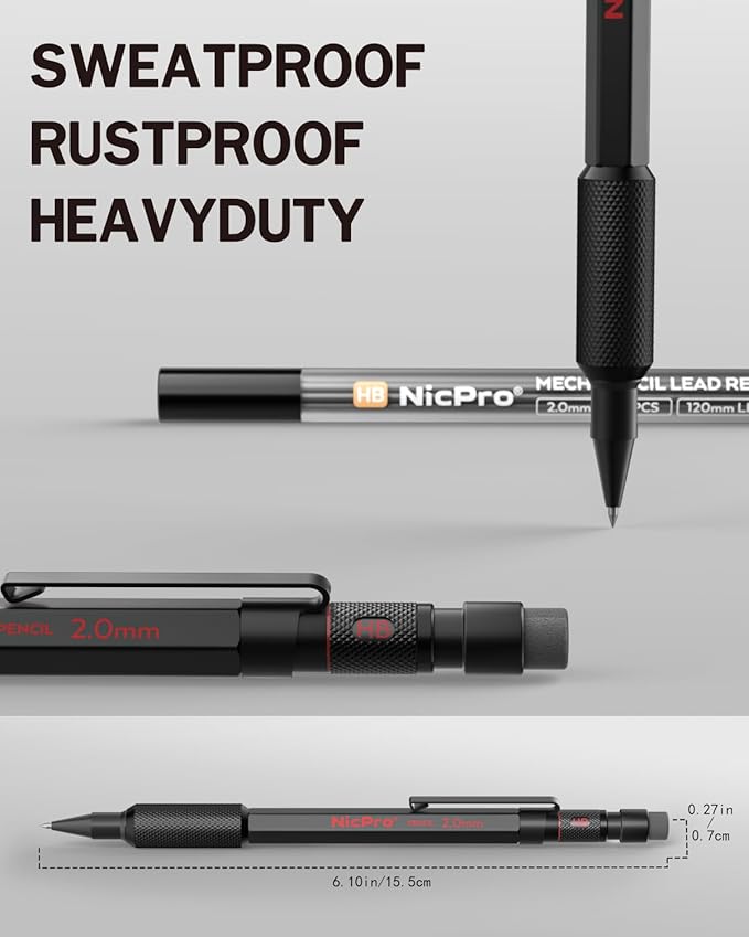 Nicpro 3 Pack 2mm Mechanical Pencils Set with Case, 33 Graphite Lead Refills (4B 2B HB 2H 4H), 36 Colored Lead, Erasers -Weatherproof Metal Barrel, Heavy Duty Carpenter Pencil For Drawing Sketching