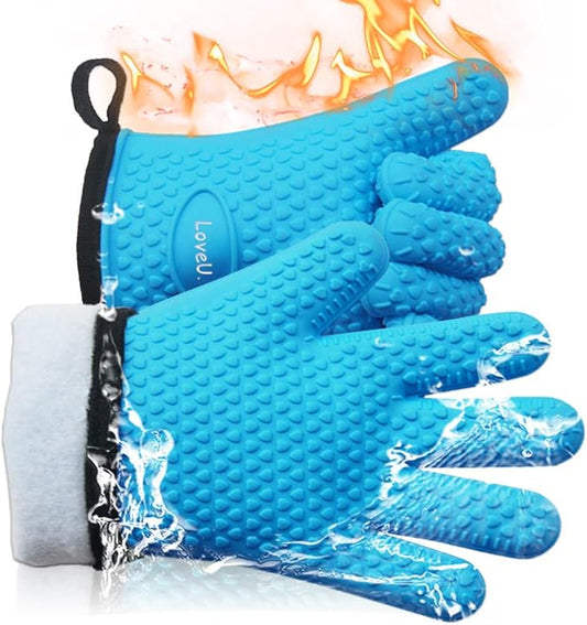 Kitchen Oven Gloves - Dual-Layer Heat Resistant Grilling Gloves, Silicone Oven Mitts with 5 Fingers, Waterproof Non-Slip Pot Holder for Barbecue, Cooking, Baking (Blue)