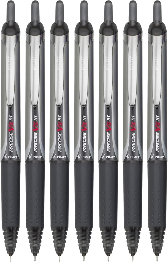 Precise V5 RT Retractable Rolling Ball Pens, Extra Fine Point (.5mm), Black Ink, 7-pk; Premium Comfort Grip, Bundle with Plastic Reusable Pouch
