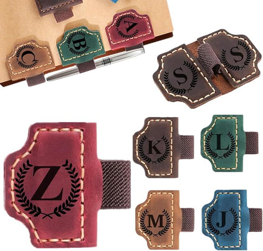 Custom Bookmark with Pen Holder with 26 Letters Personalized Magnetic Leather Book Mark, Customized Name Book Marker Clip with Initial for Men Women, Gifts for Book Lovers, Readers, (Red, Z)