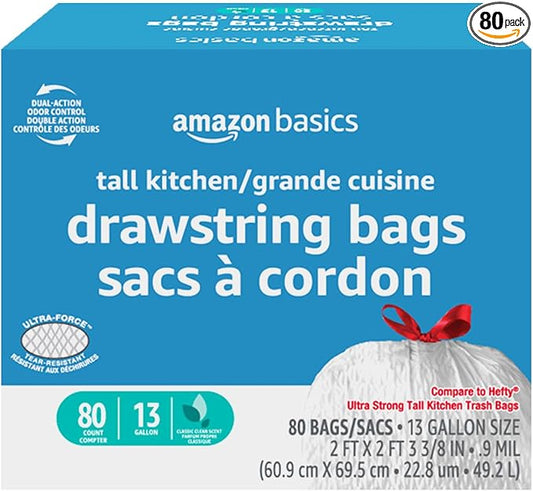 Amazon Basics Ultra-Force Tall Kitchen Drawstring Trash Bags, Classic Clean Scented, 13 Gallon, 80 Count, Pack of 1