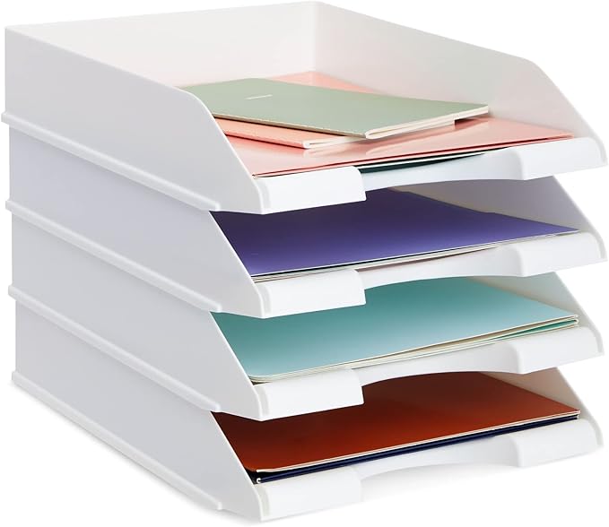 Stockroom Plus Paper Trays for Classroom - 4 Pack, White, 10 x 13.5 x 2.5 in - Desk Organizer Stacking Trays for Classroom Organization & Office Document Storage
