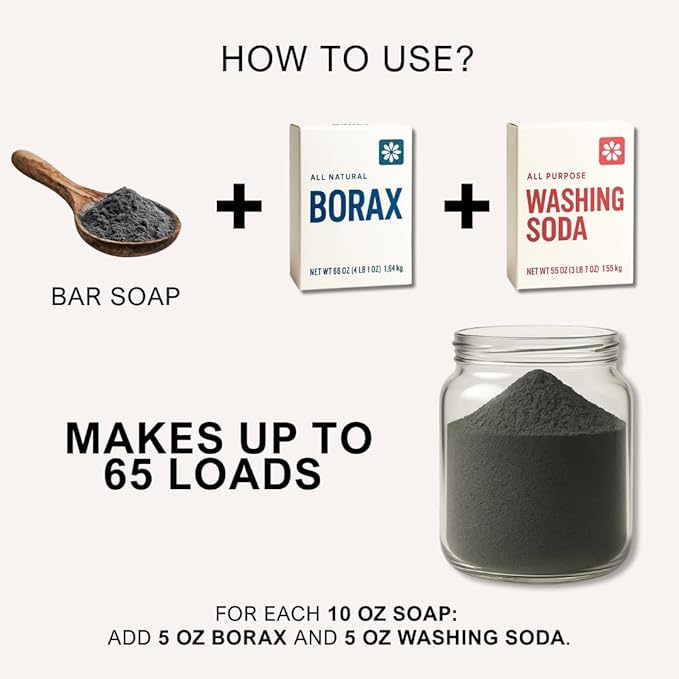 Charcoal Laundry Detergent Booster Powder – Concentrated Ground Bar Soap | Mix With Borax & Washing Soda for Deep Clean of 65 Loads | Unscented Result, Stain-Fighting, Natural, Eco-Friendly