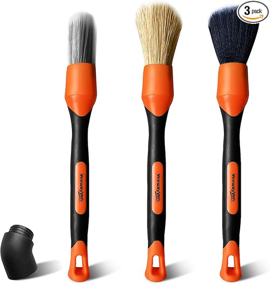 YeewayVeh 3pcs Car Detailing Brush Set, 1pc Boars Hair Detailing Brushes,1pc Ultra Soft Detail Brush for Air Vent Leather Seat, 1pc Scratch Free Car Detailing Brushes for Interior Exterior, Orange