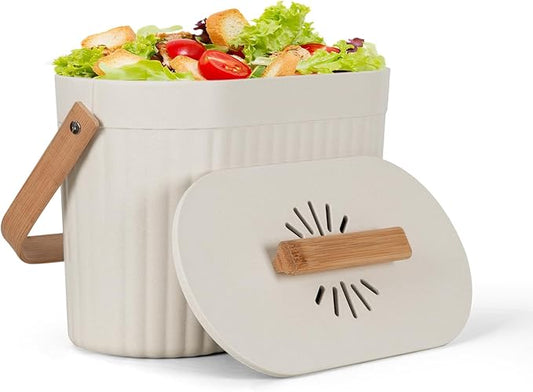 Odorless Counter Top Compost Bucket with Lid - Yatmung Small Kitchen Compost Bin Countertop - Narrow Sustainable Bamboo Composting Pail - Indoor Composter - Slim Food Waste Bin for Kitchen - Cream -