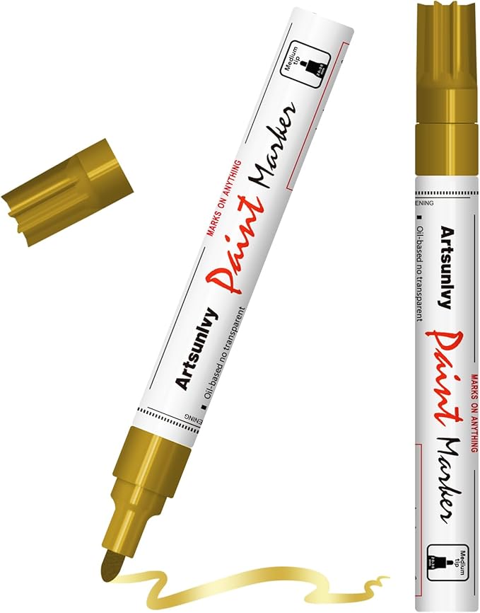Gold Paint Pens Permanent Markers - 2 Pack Paint Markers for Metal, Rubber,Wood, Rocks, Canvas, Plastic, Dark Surface, Craft Art Supplies, Medium Tip, Quick Dry, Waterproof