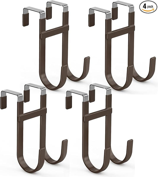 FYY Over The Door Hooks - 4 Pack Heavy Duty Dual-Hook Organizer Hanger with Non-Slip Rubber for Towels, Clothes, Hats & Bags Use in Bathroom, Bedroom, Kitchen - Fits Interior Doors Up to 1 3/8" Brown