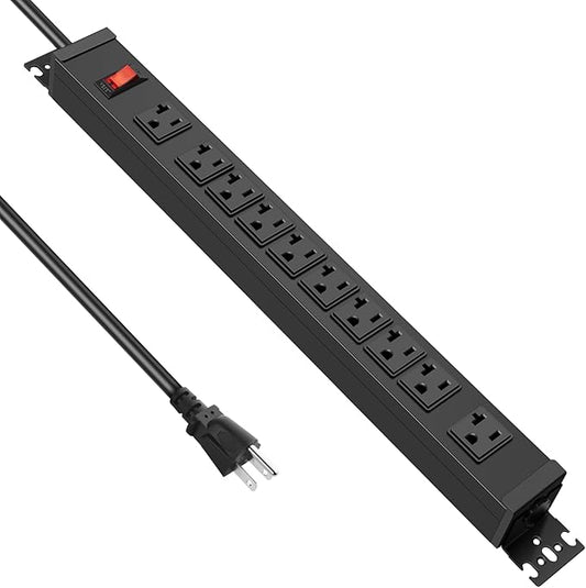 JUNNUJ Multi Angle Mount 10 Outlet 20 Amp Power Strip Heavy Duty, 2700J Surge Protector Under Desk with Switch 20A, Garage Workbench Gaming Outlet Table Wall Mountable, 10FT 12AWG Extension Cord