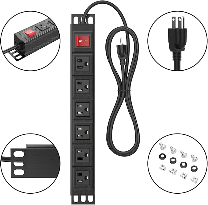 20PCS 6 Outlet Power Strip, Metal Mountable Power Strip Surge Protector, Heavy Duty Wall Mount Power Outlet for Commercial, Industrial, Workshop, Long Power Cord, 15A/125V 1875W