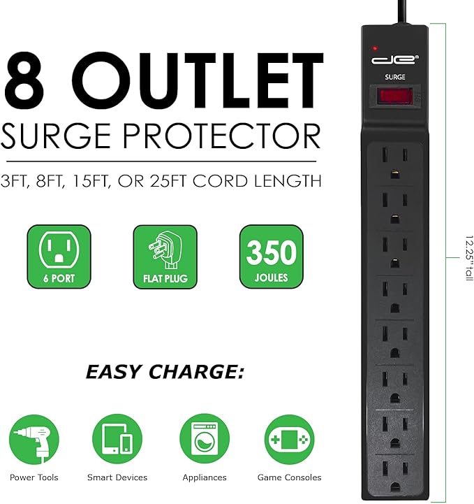 Digital Energy 15 FT 8 Outlet Surge Protector Power Strip - 15 AMP, 1875 W, 125 V, 350 J Surge Protection, ETL Listed - Flat Plug, Black