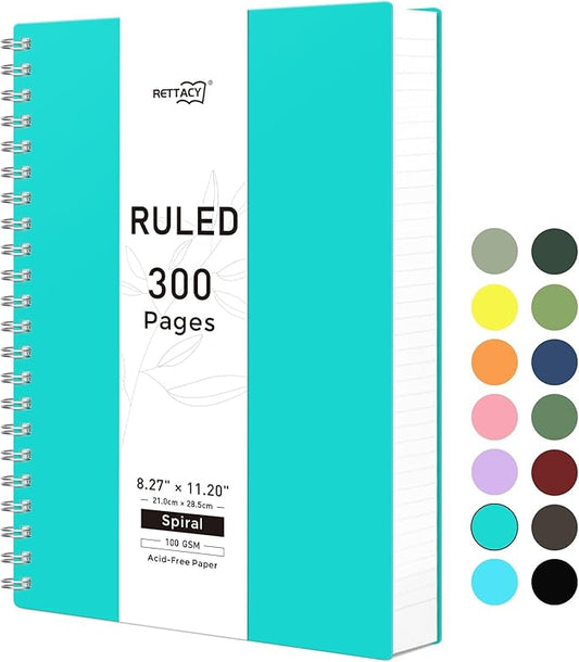 RETTACY Spiral College Ruled Notebook, 300 Pages, A4 Large Size (8.2" x 11.2"), for School, Work, Writing, Journaling, 100 GSM Thick Paper, Flexible Plastic Cover (Tiffani Blue)