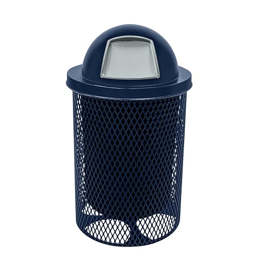 COATEDOUTDOORFURNITURE RDT-TXTDBL Heavy Duty 32 Gallon Round Trash Receptacle, Liner Included, Textured Dark Blue with Black Dome, Made in America