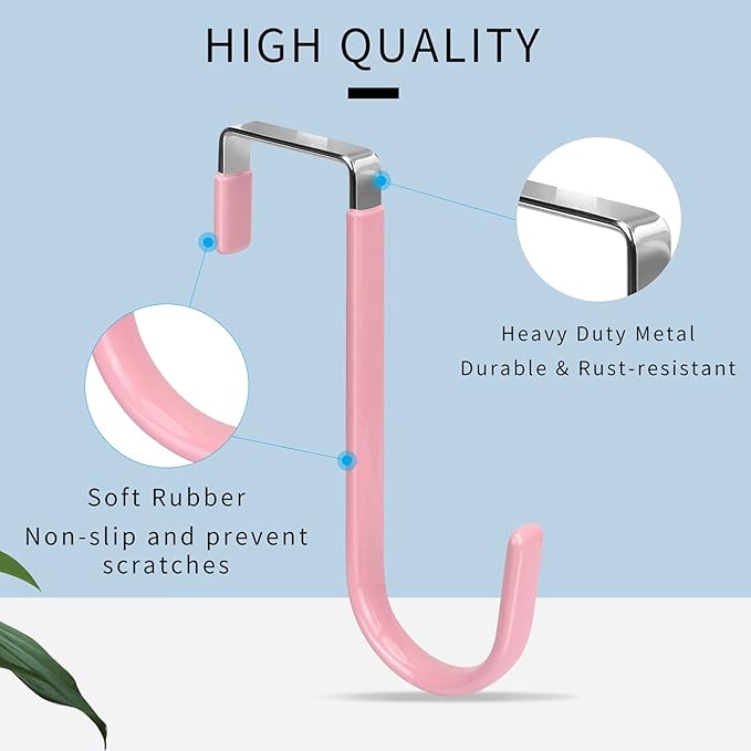FYY Over The Door Hooks, 4 Pack Door Hangers Hooks with Rubber Prevent Scratches Heavy Duty Organizer Hooks for Living Room, Bathroom, Bedroom Hanging Clothes, Towels, Hats, Coats, Bags Pink
