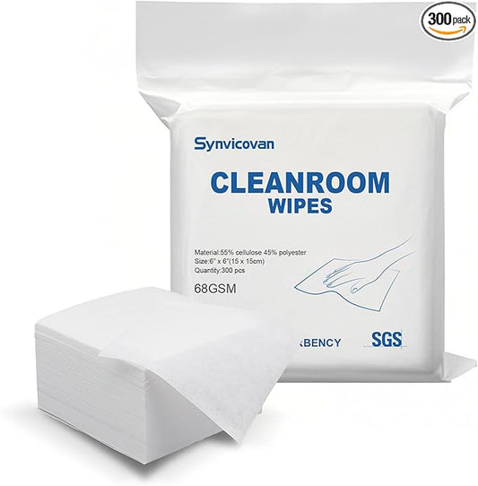 Cleanroom Wipes 6"x6" (300 Pcs, Cellulose/Polyester Blend, Grade A, 68GSM) Lint Free Wipes for Laboratory, Electronics, Pharmaceutical,Printing,Automotives and Semiconductor Industries